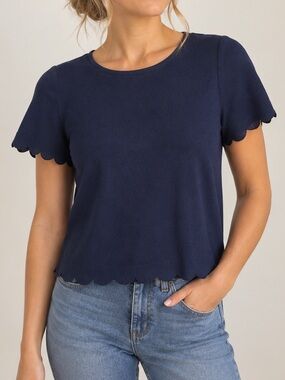 Topshop Navy Scalloped Short Sleeve Top— US 6